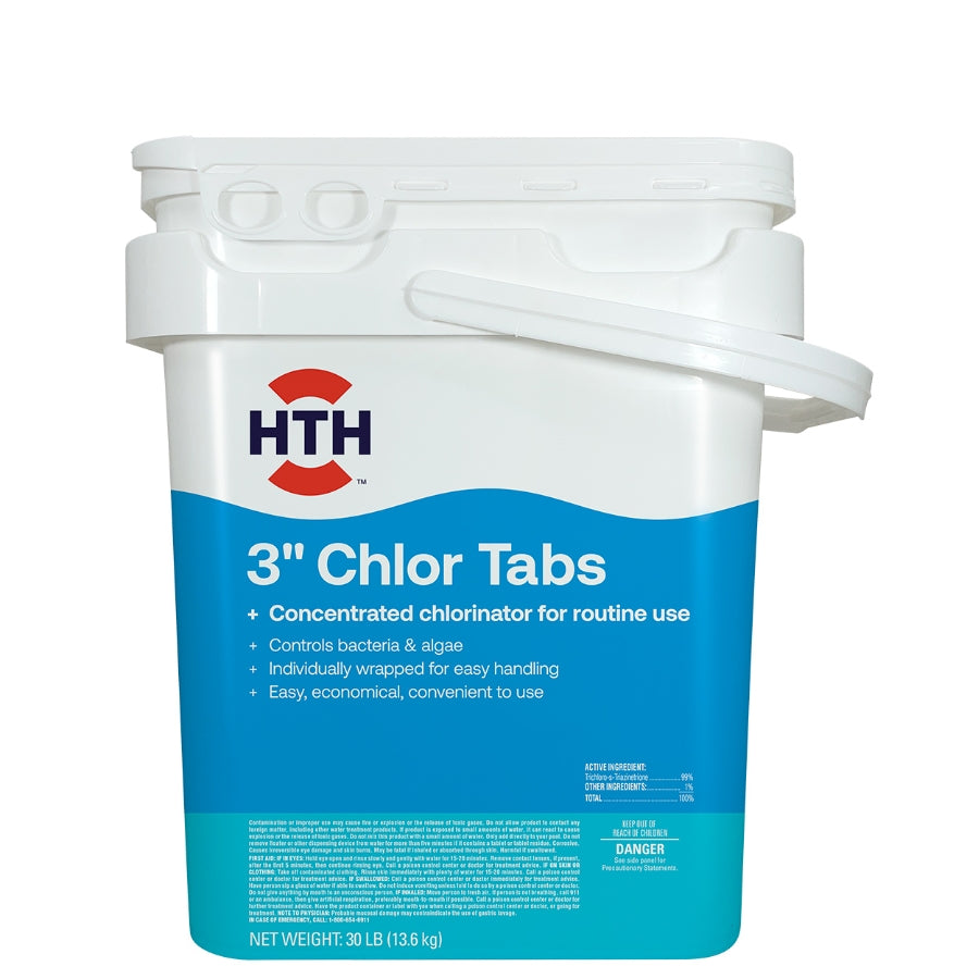 HTH 3 inch Chlor Tabs 30 lb bucket Front