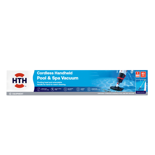 HTH Cordless Handheld Pool & Spa Vacuum retail packaging featuring cordless pool cleaning technology, telescopic pole, fine particle filtration and 60-minute runtime.