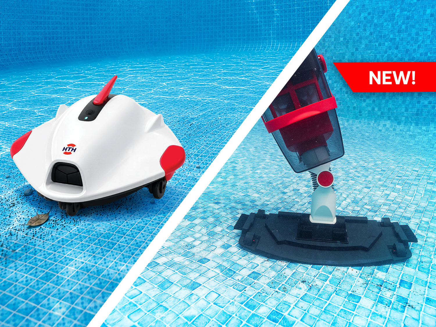 HTH cordless robotic pool cleaner and handheld pool vacuum displayed underwater in a swimming pool, showcasing automated cleaning and handheld debris removal capabilities.