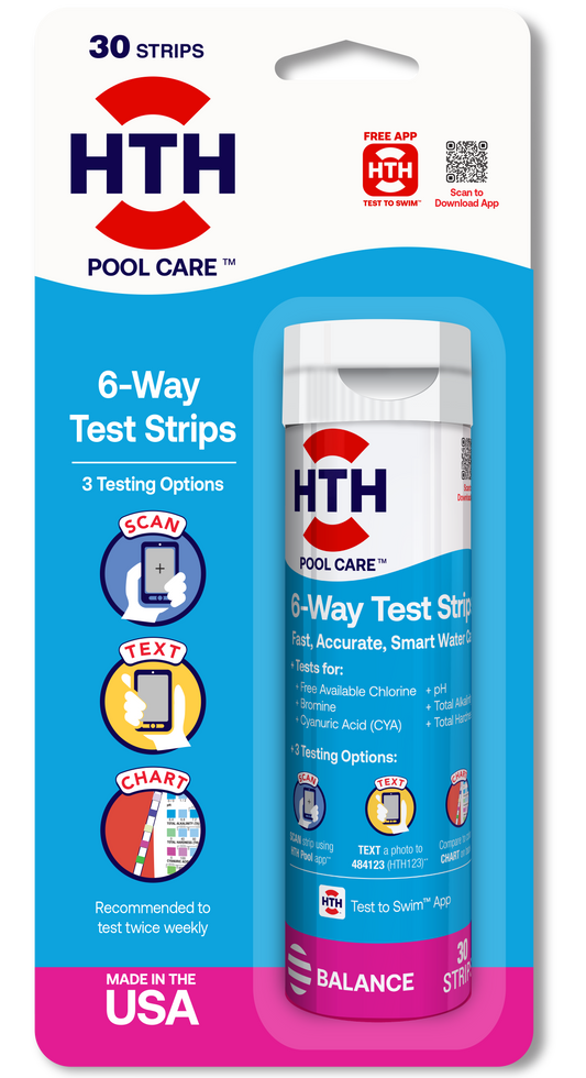 The front packaging of HTH Pool Care 6-Way Test Strips containing 30 strips, highlighting three testing options—scan, text, and chart—and a balance label at the bottom.
