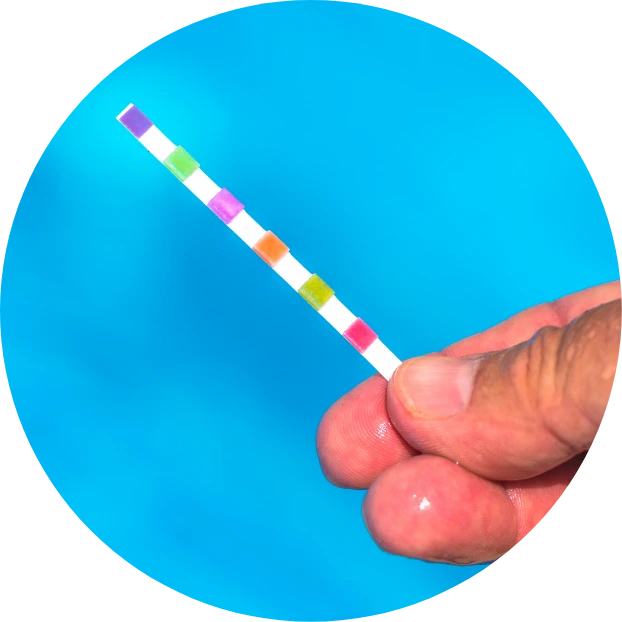 person holding hth pool test strip over pool