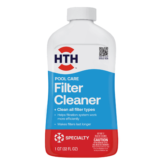 A 1 qt plastic bottle of HTH Pools pool filter cleaner for pool treatment
