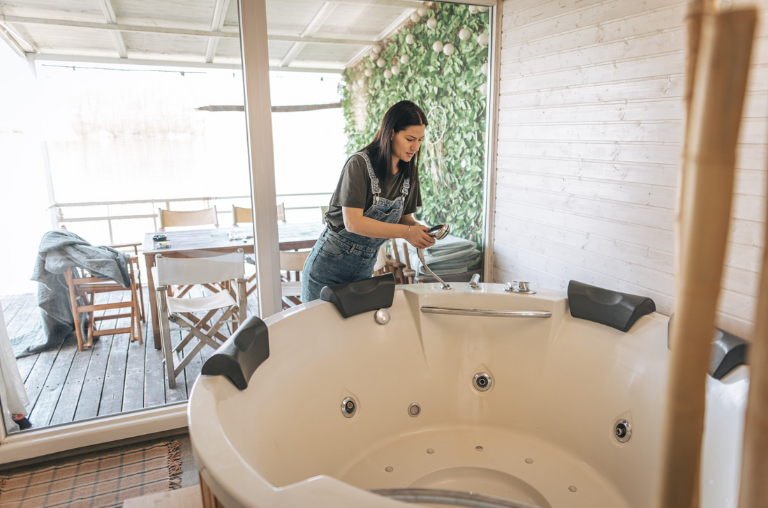 Woman working to remove hot tub scale from her spa