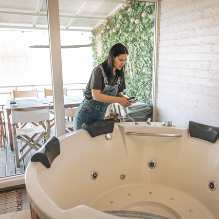 Woman working to remove hot tub scale from her spa