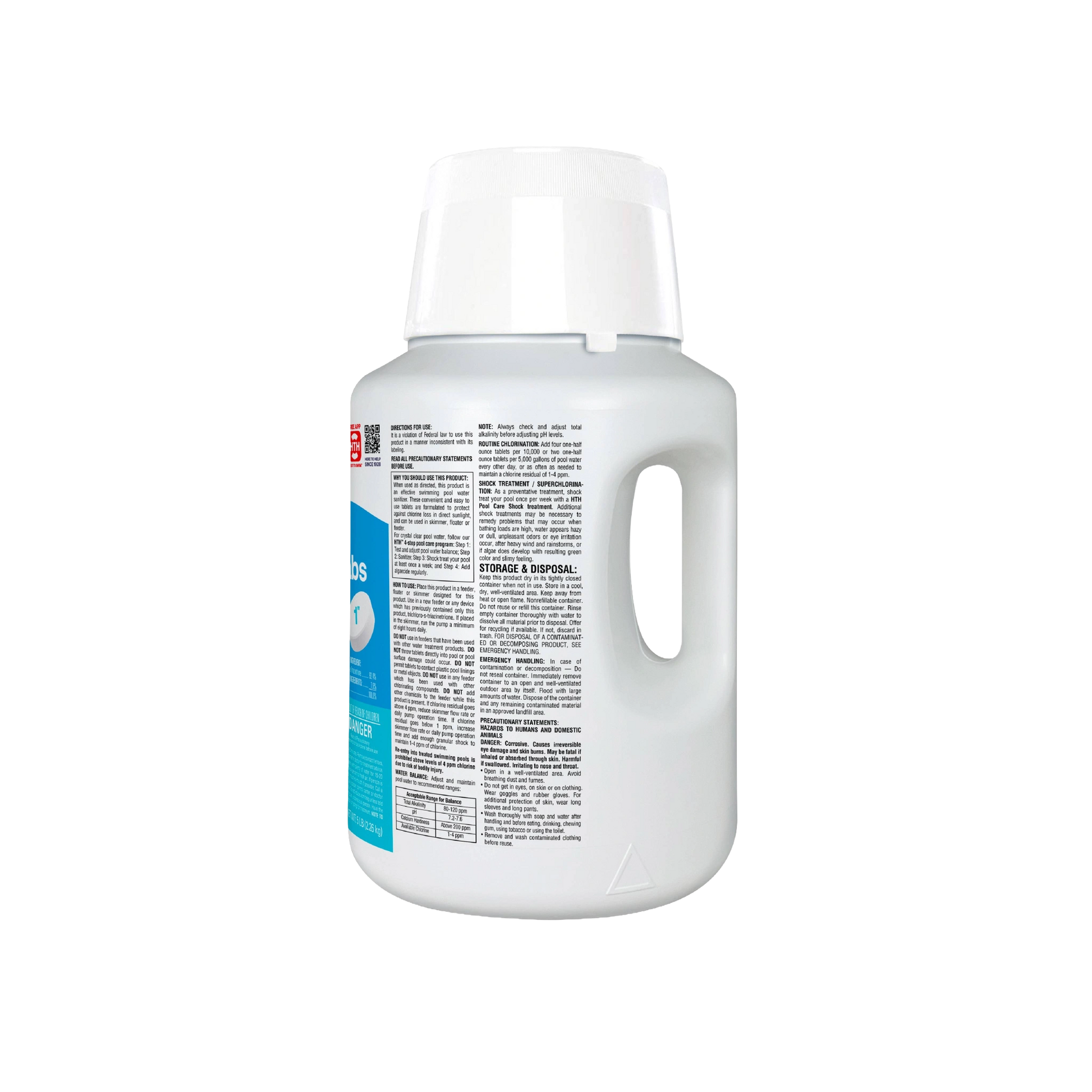 back label of hth 1 inch chlorine tablets