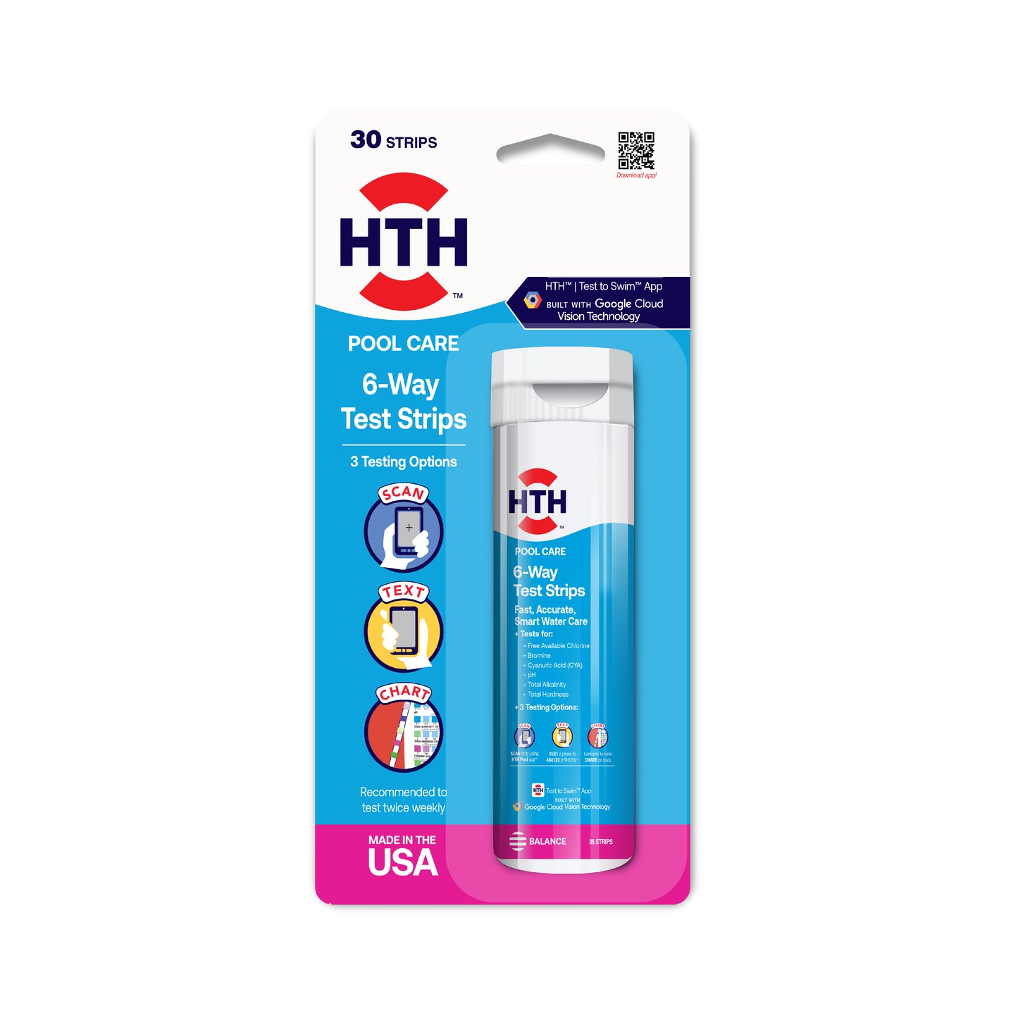 HTH pool care 6-way test strips packaging on a white background