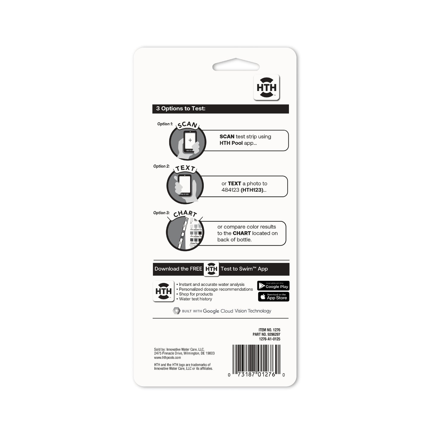 HTH pool test strip packaging with instructions on a white background