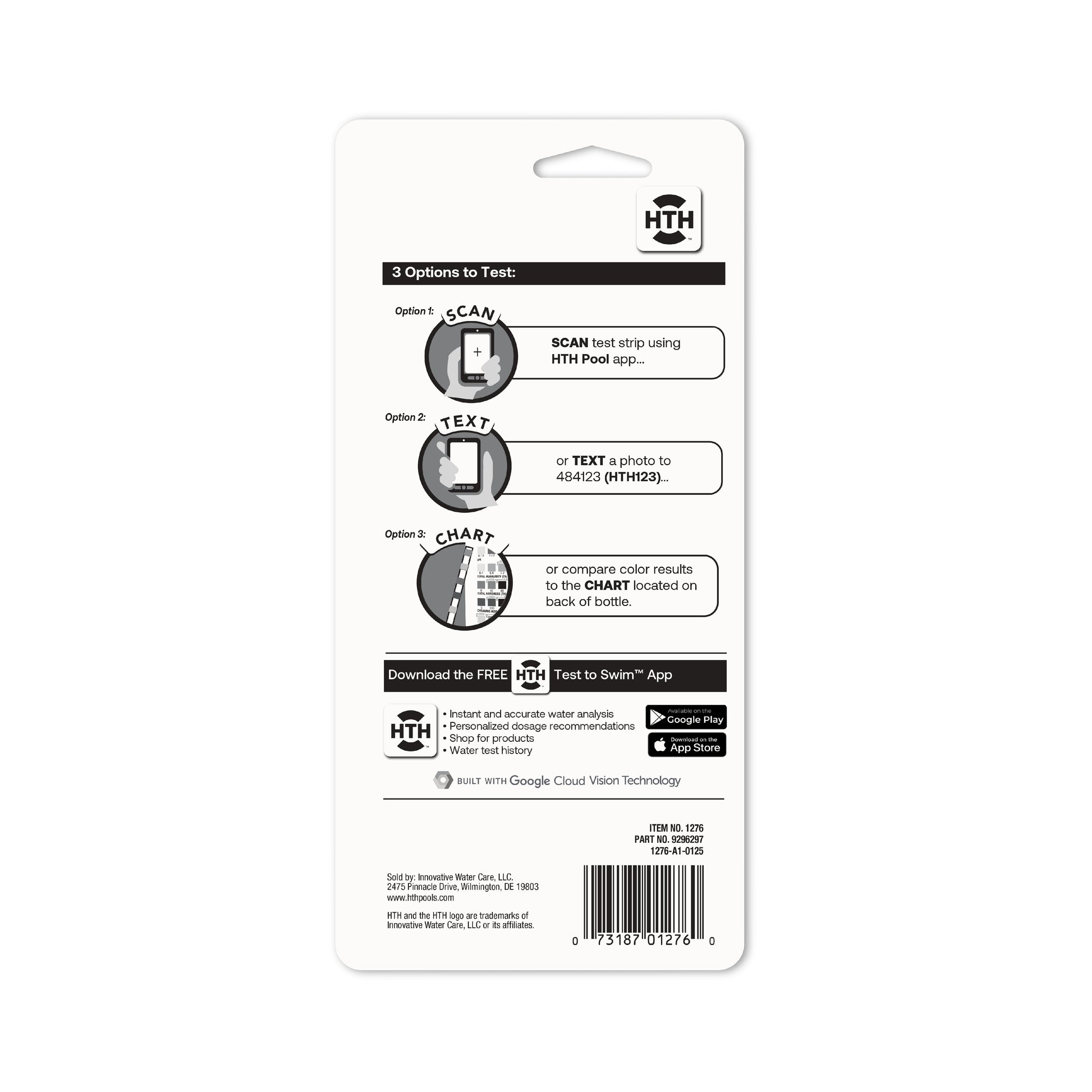 HTH pool test strip packaging with instructions on a white background