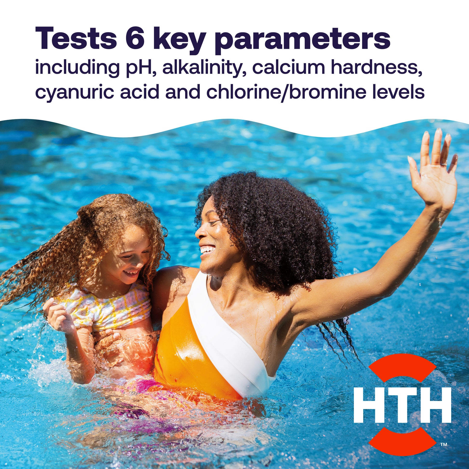 Two people in a pool with text about pool water testing and HTH logo.
