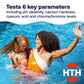 Two people in a pool with text about pool water testing and HTH logo.