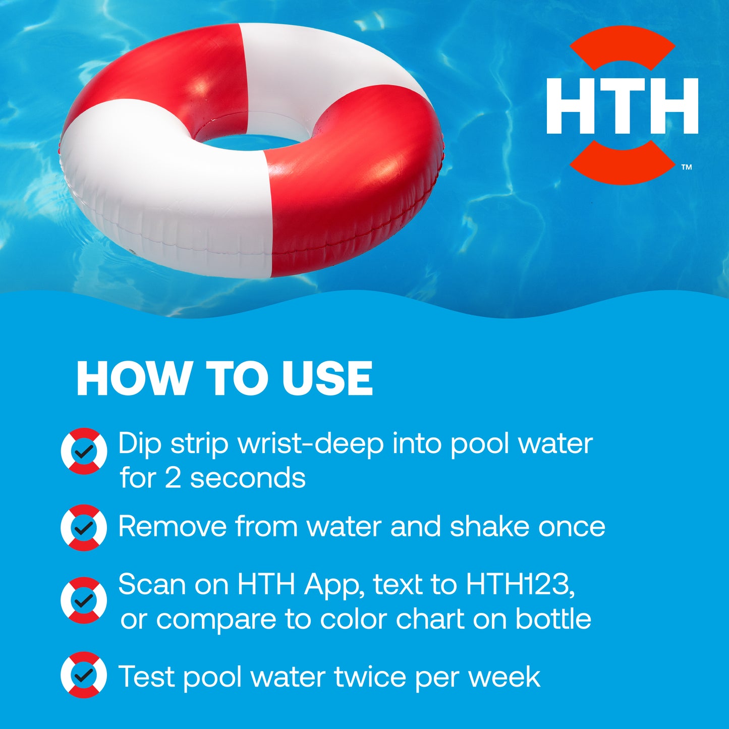 Red and white life buoy in water with HTH logo and instructions on how to use it.
