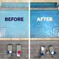 Before and after comparison of a pool area with lounge chairs and towels.