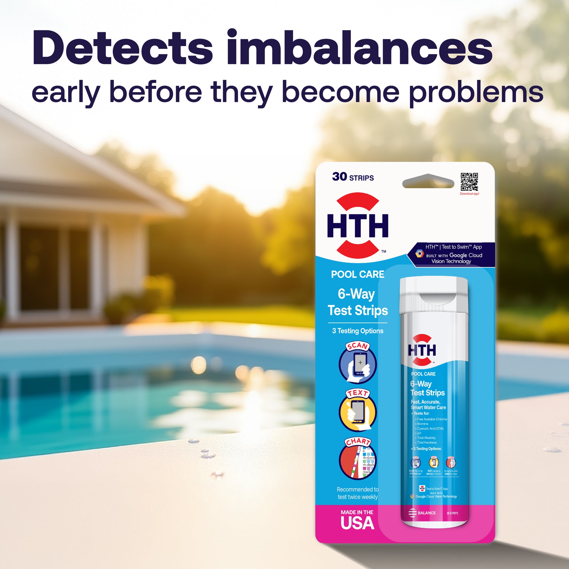 HTH pool care test strips packaging with a pool in the background
