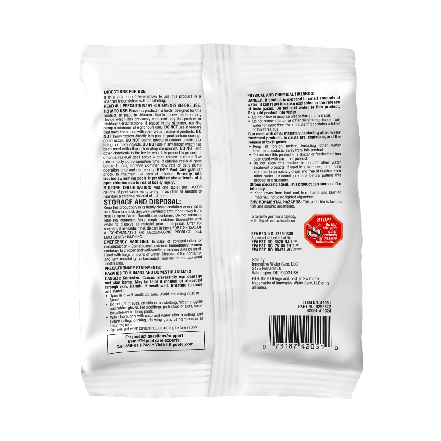 back label of hth advanced 3 inch chlorine tablets