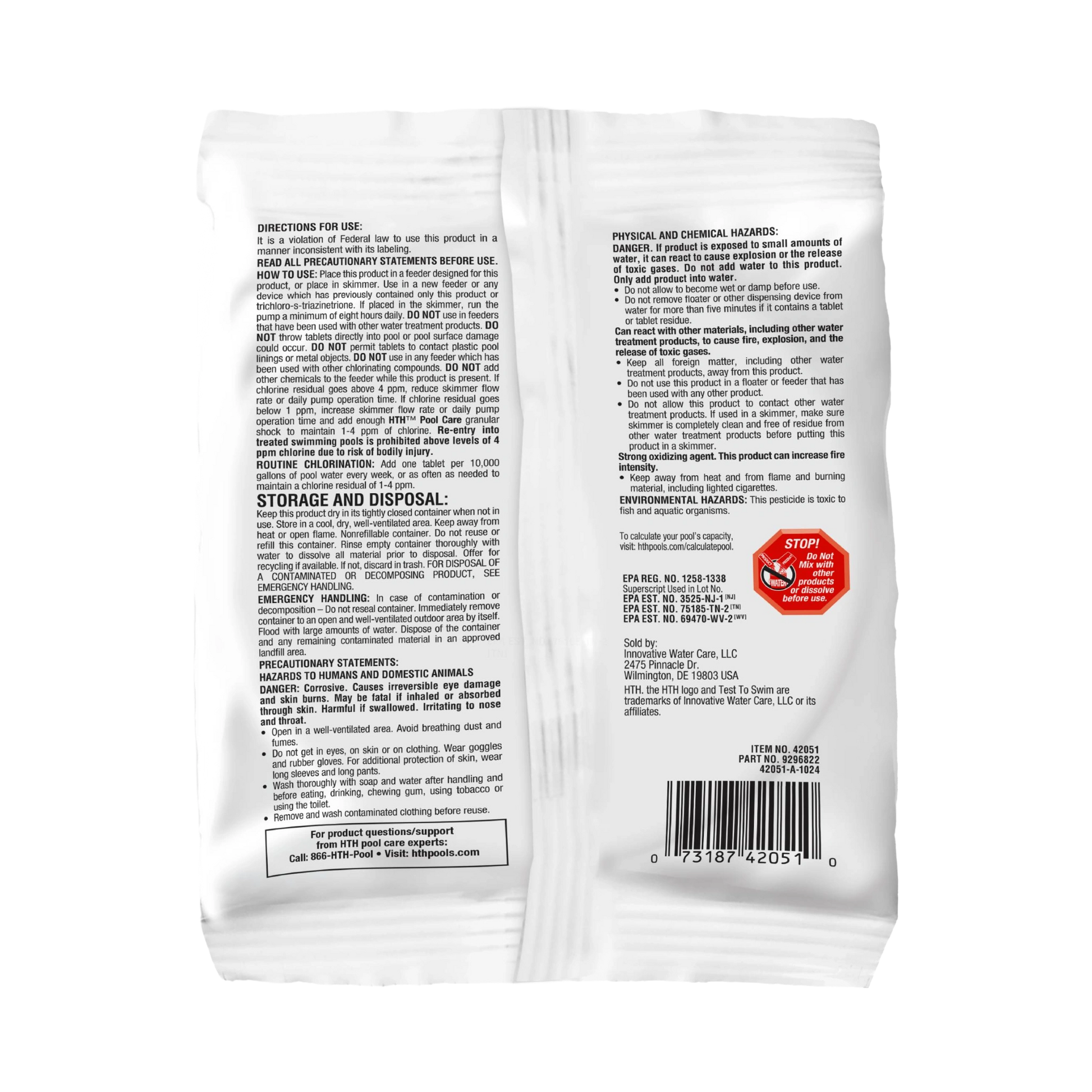 back label of hth advanced 3 inch chlorine tablets