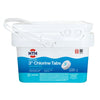 Bucket of HTH pool care chlorine tabs on a white background