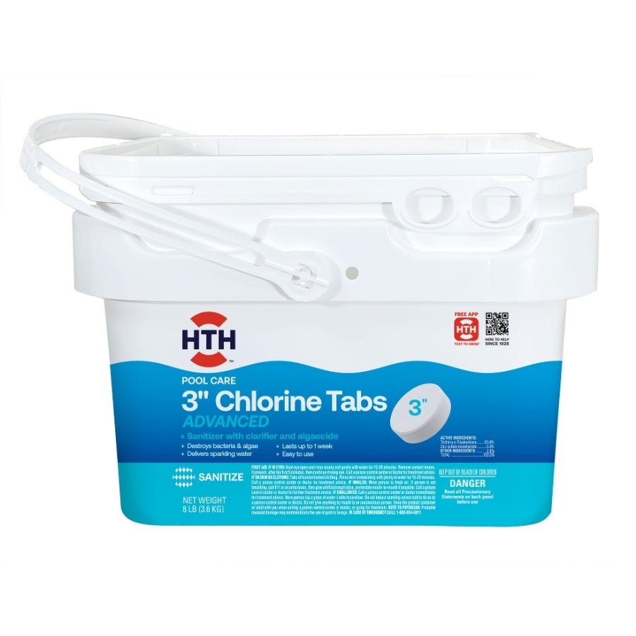 Bucket of HTH pool care 3-inch chlorine tabs on a white background