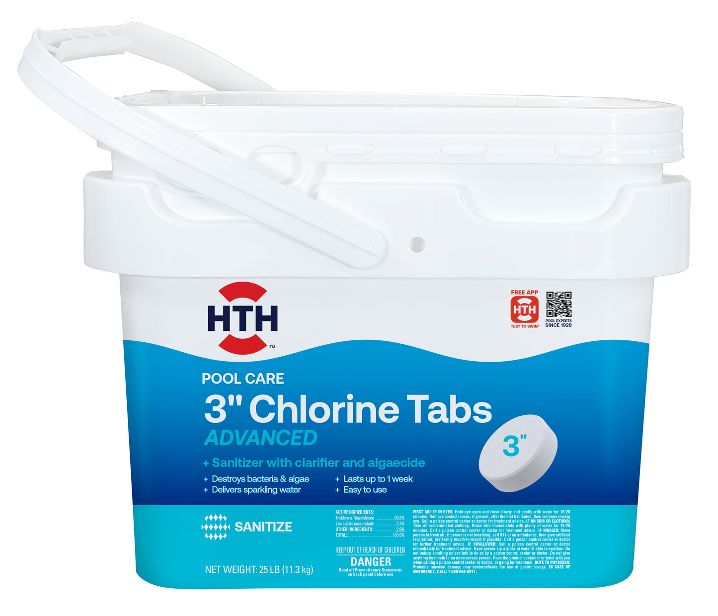 White bucket of HTH Pool Care 3-inch Chlorine Tabs on a white background