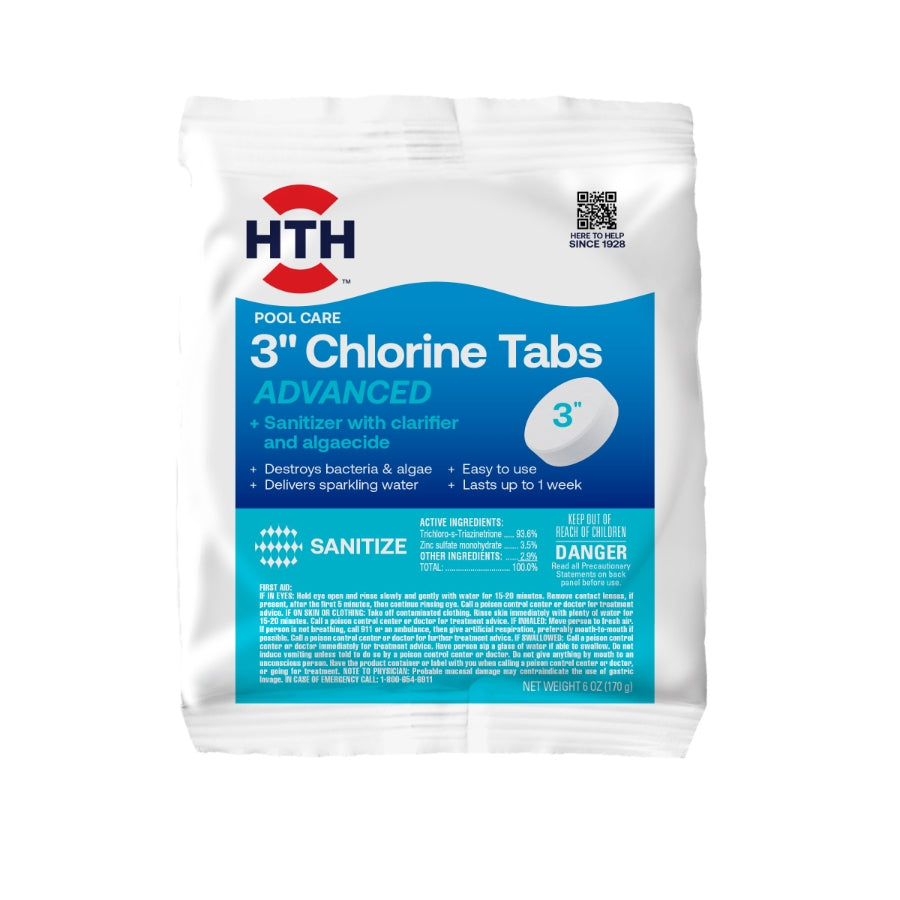 HTH 3 inch chlorine tabs advanced 6 oz front of pack