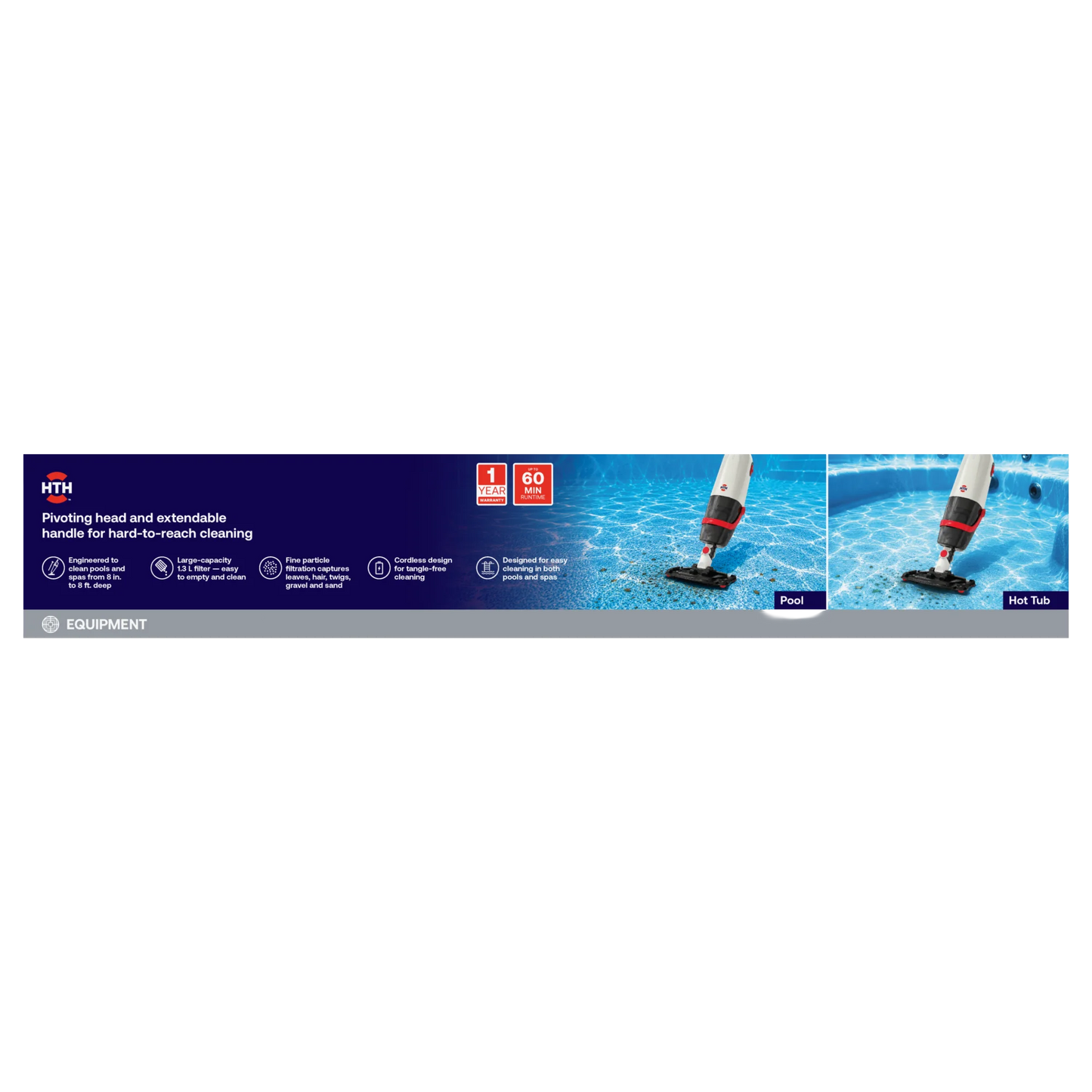Back of HTH Cordless Handheld Pool and Spa Vacuum packaging highlighting pool and hot tub cleaning capabilities, large-capacity filter, fine particle filtration, cordless operation, and extendable handle.