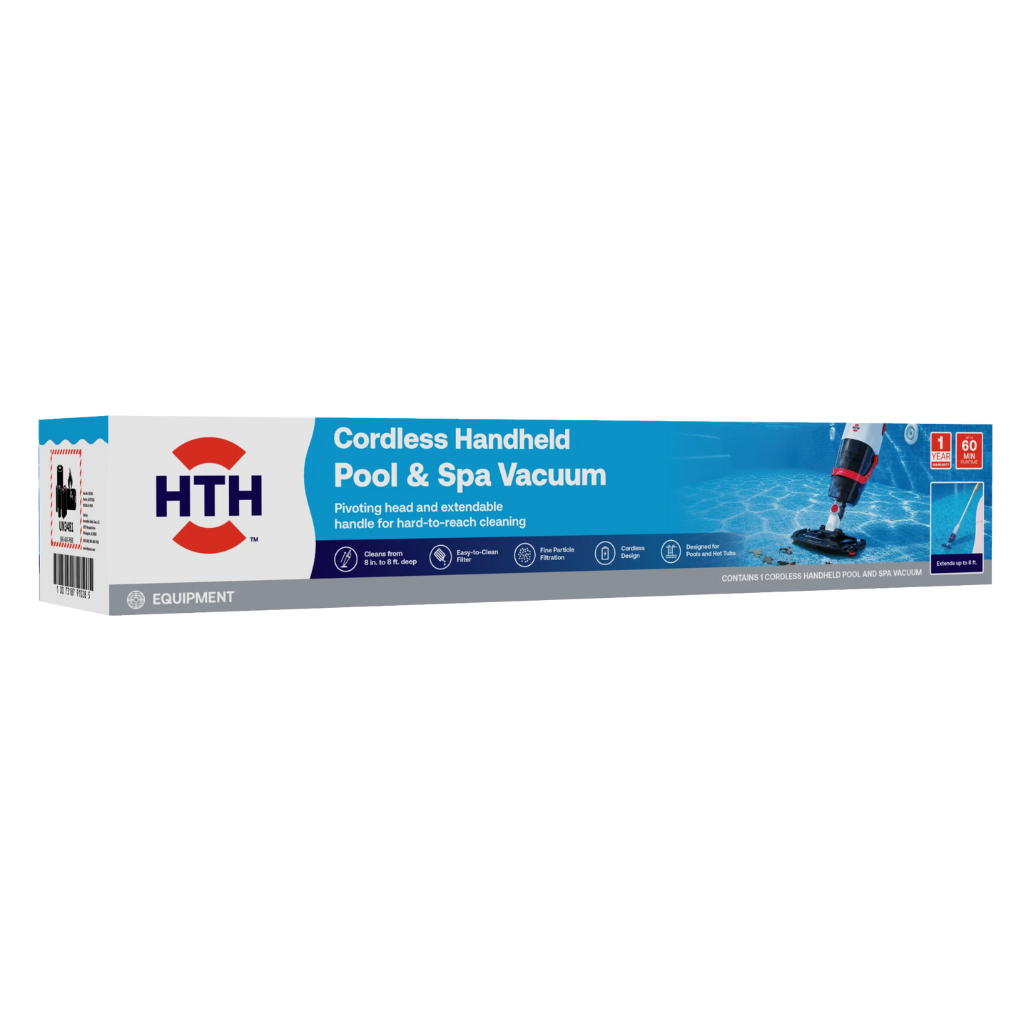HTH Cordless Handheld Pool and Spa Vacuum packaging showing cordless pool cleaning vacuum with pivoting head, extendable handle, fine particle filtration, and cleaning for pools and hot tubs.