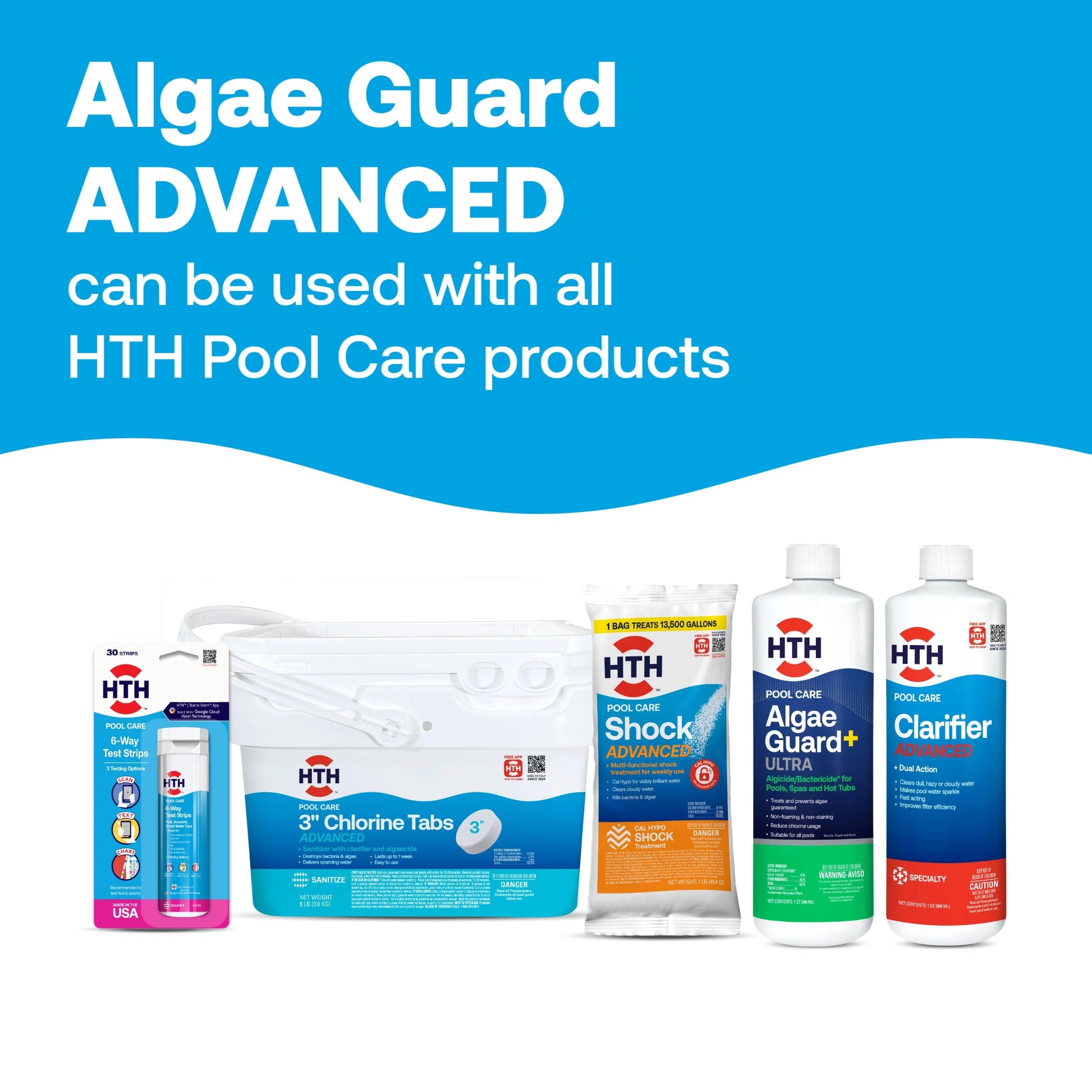advanced pool algaecides displayed with compatible hth products