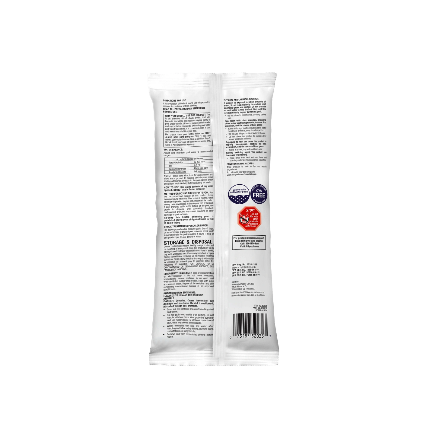 back label of hth advanced pool shock packet
