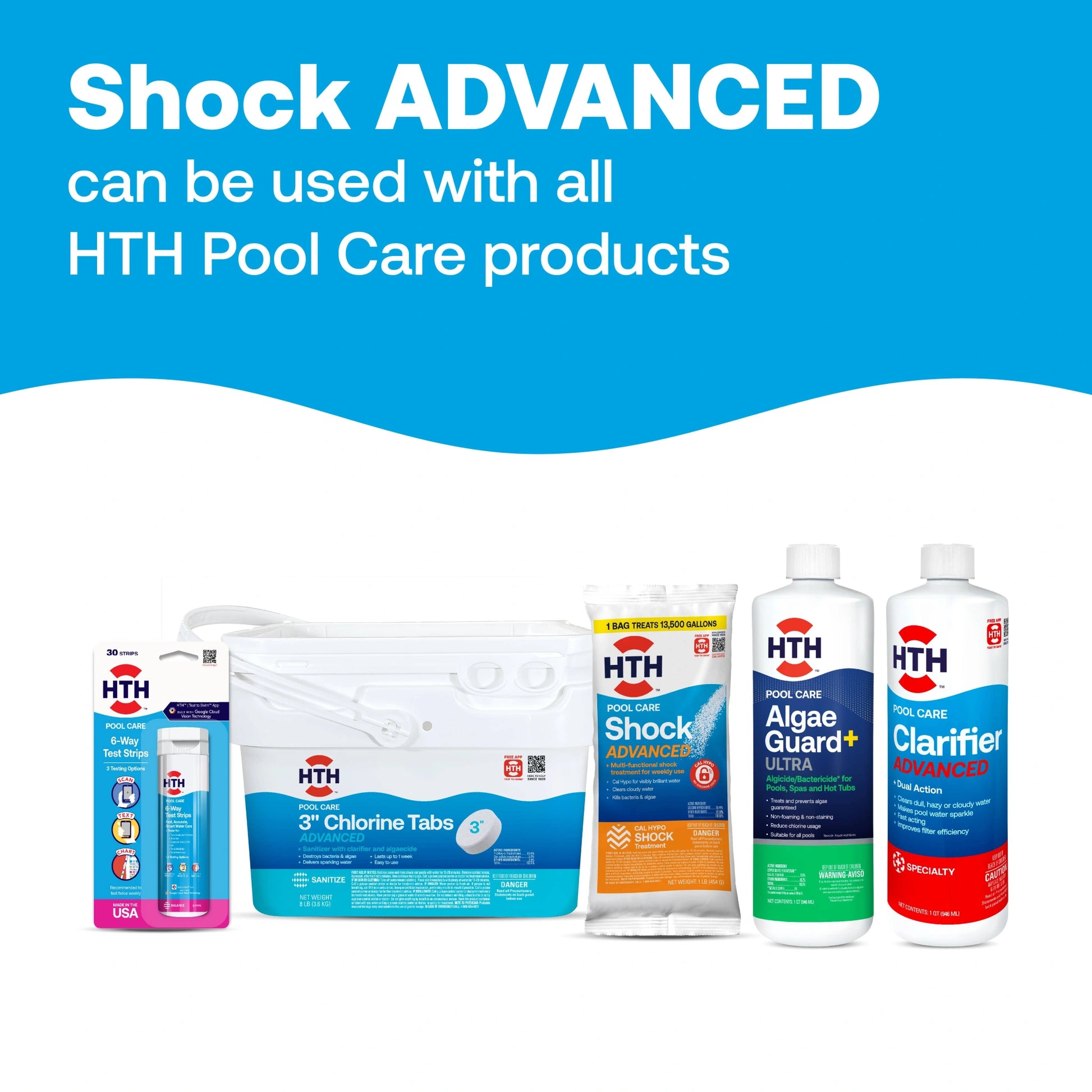 advanced pool shock displayed with compatible hth products