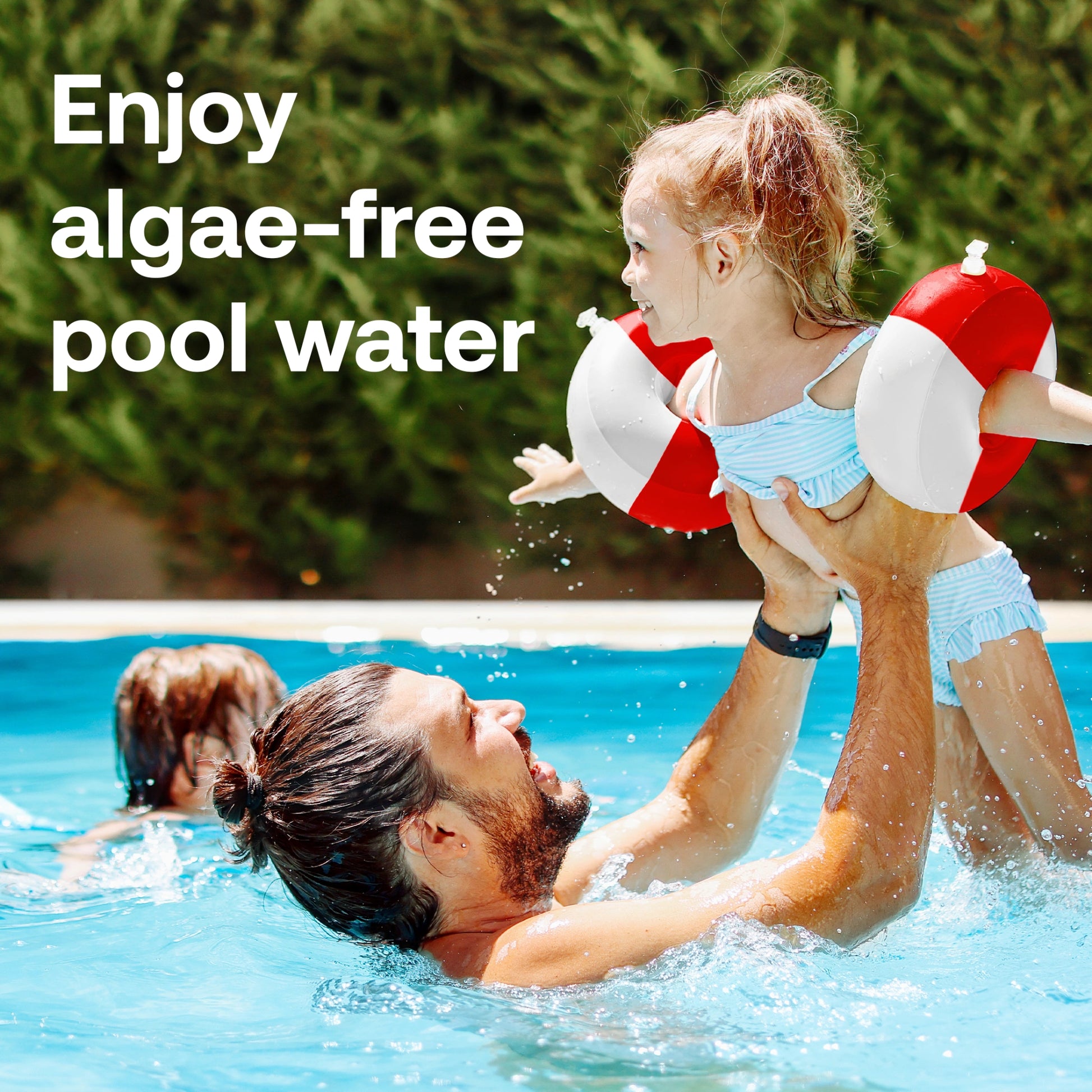 family enjoying clear algae-free pool water