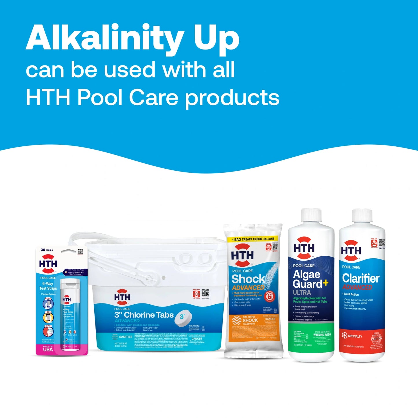 alkalinity up graphic beside other hth pool products
