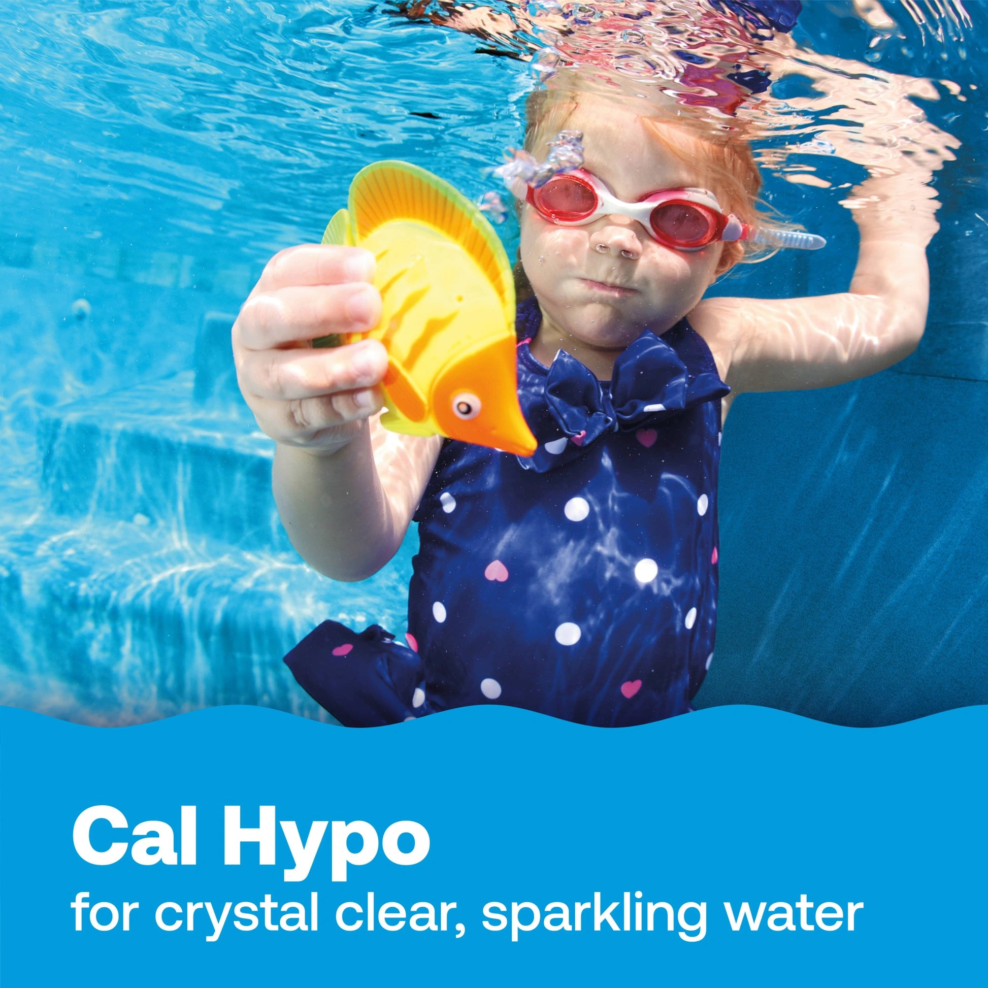 child swims underwater beneath cal hypo pool shock message