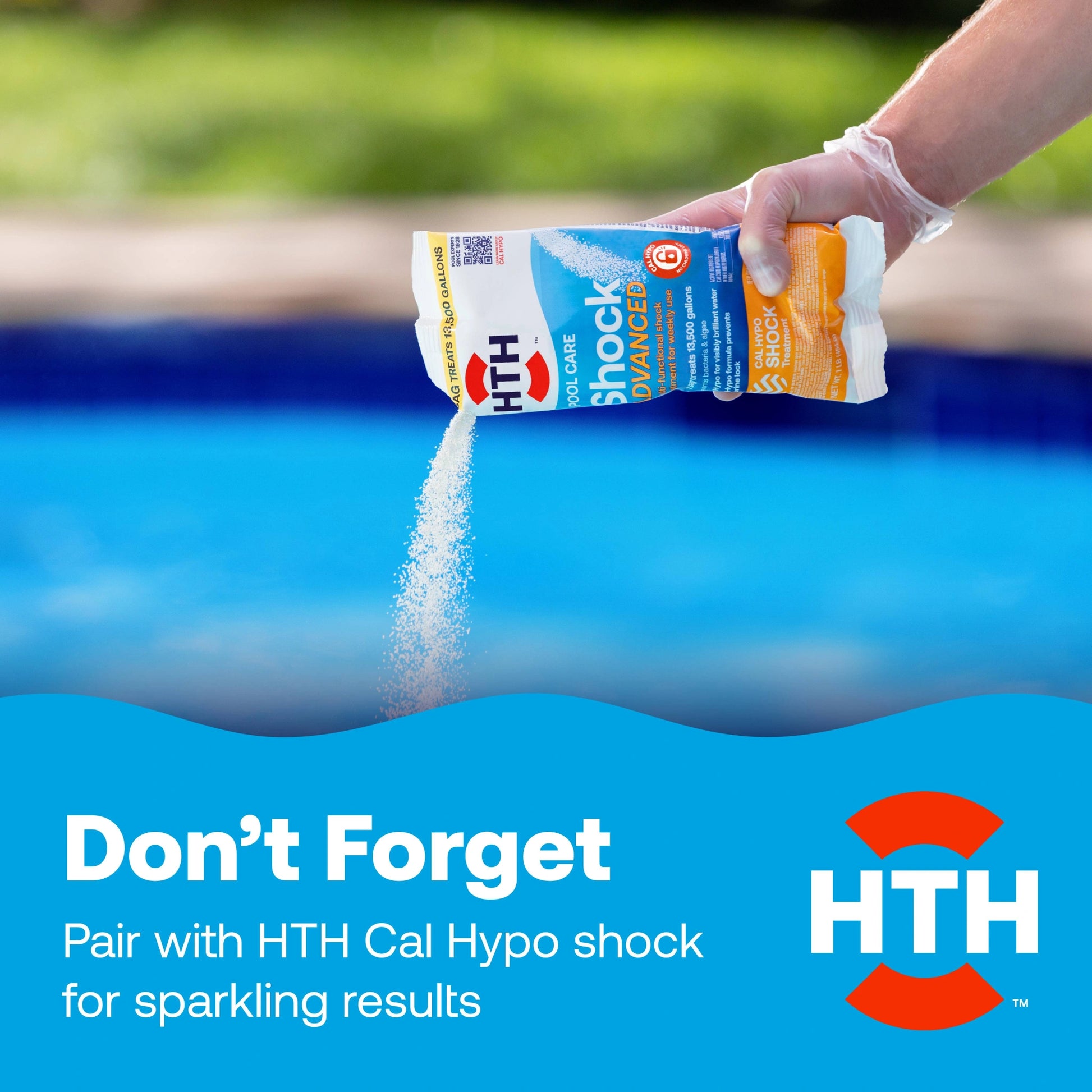 hand pours pool shock beside chlorine floater reminder