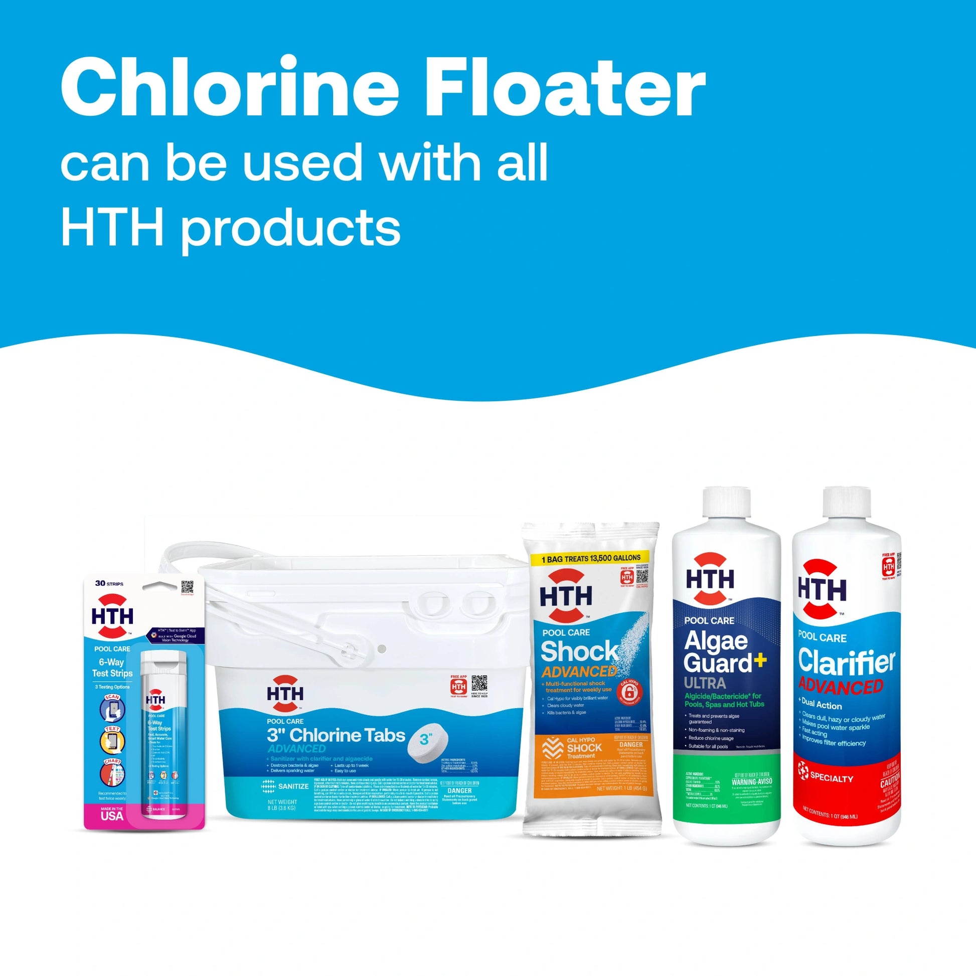 pool chlorine floater displayed with compatible hth products