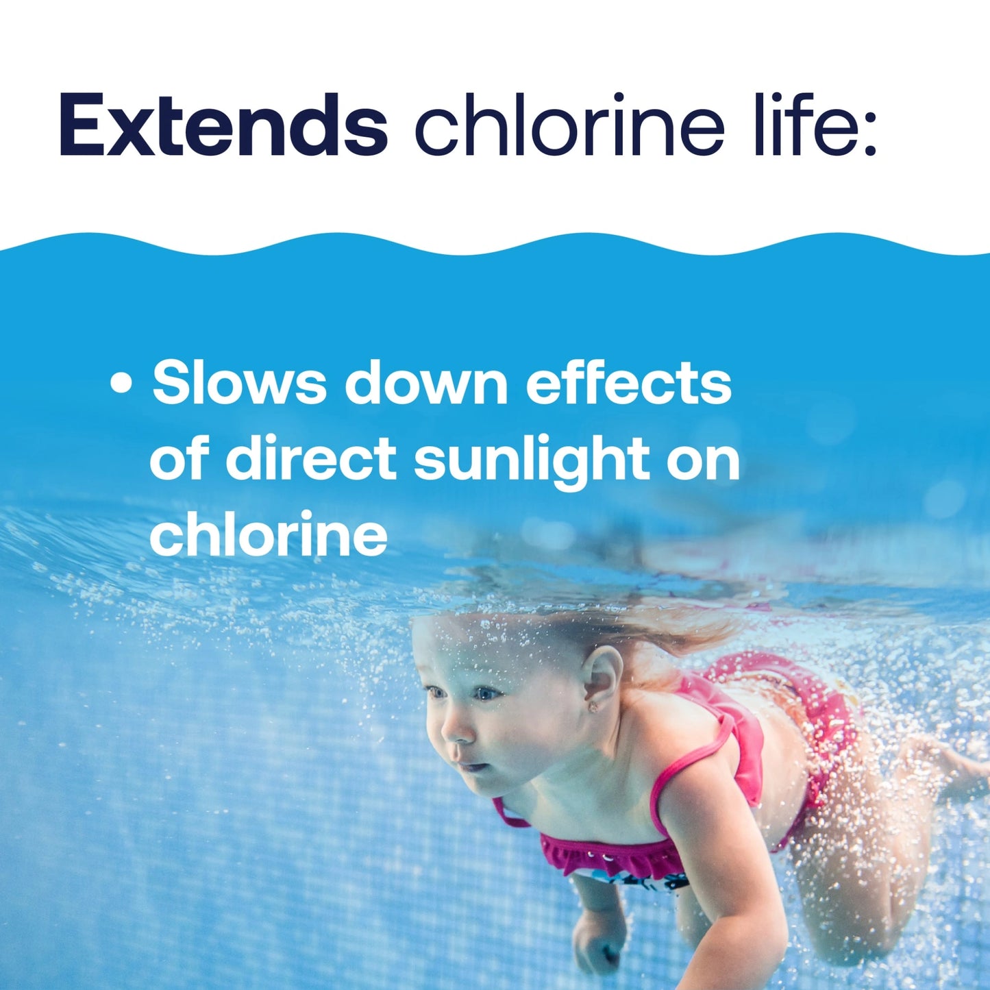 child swimming beneath chlorine sunlight protection message