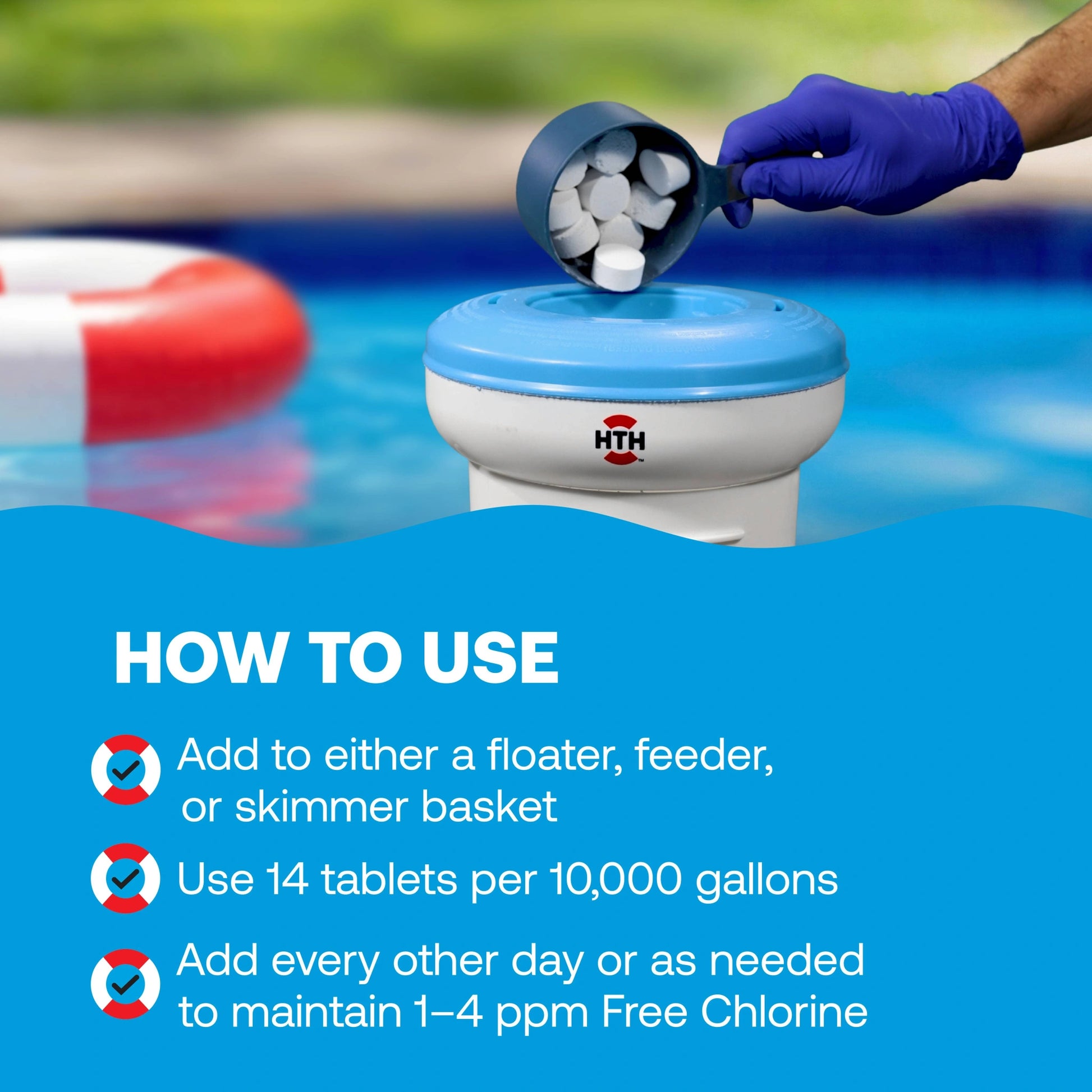 gloved hand adds chlorine tablets to pool floater