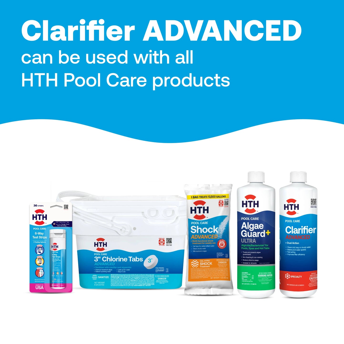 pool clarifier displayed with compatible hth pool products