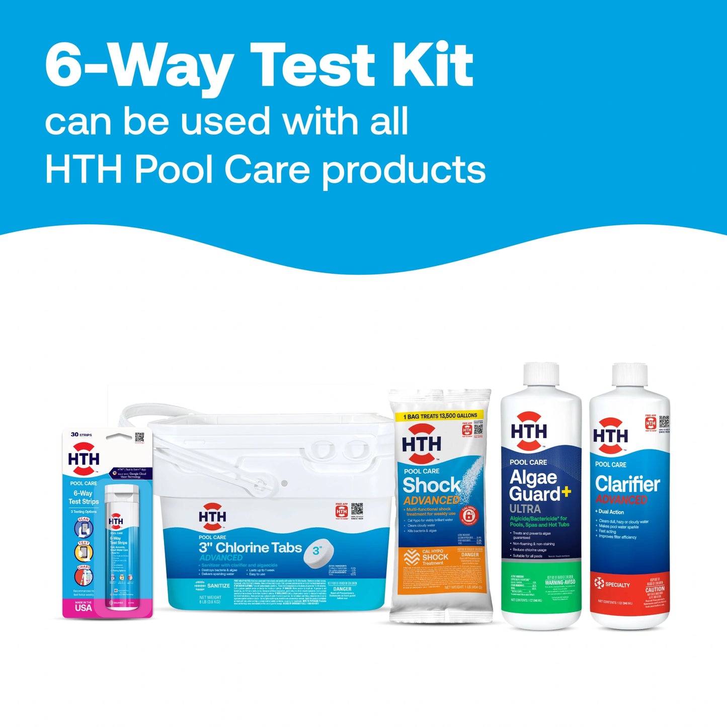 pool chemical test kit displayed with compatible products