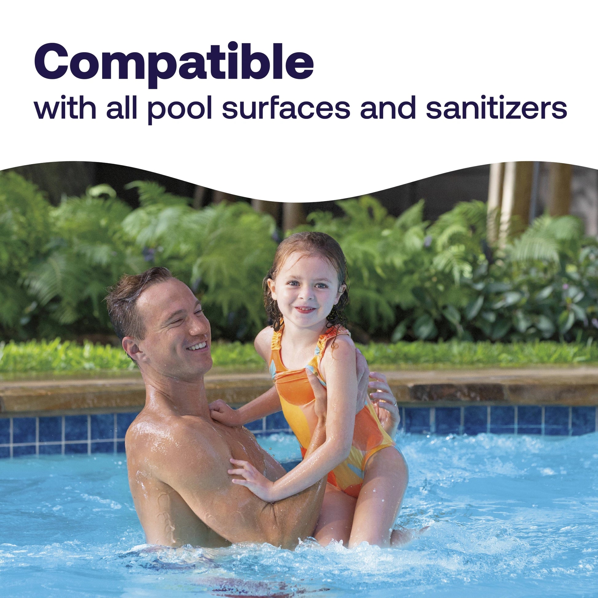 family swimming below pool test kit compatibility message