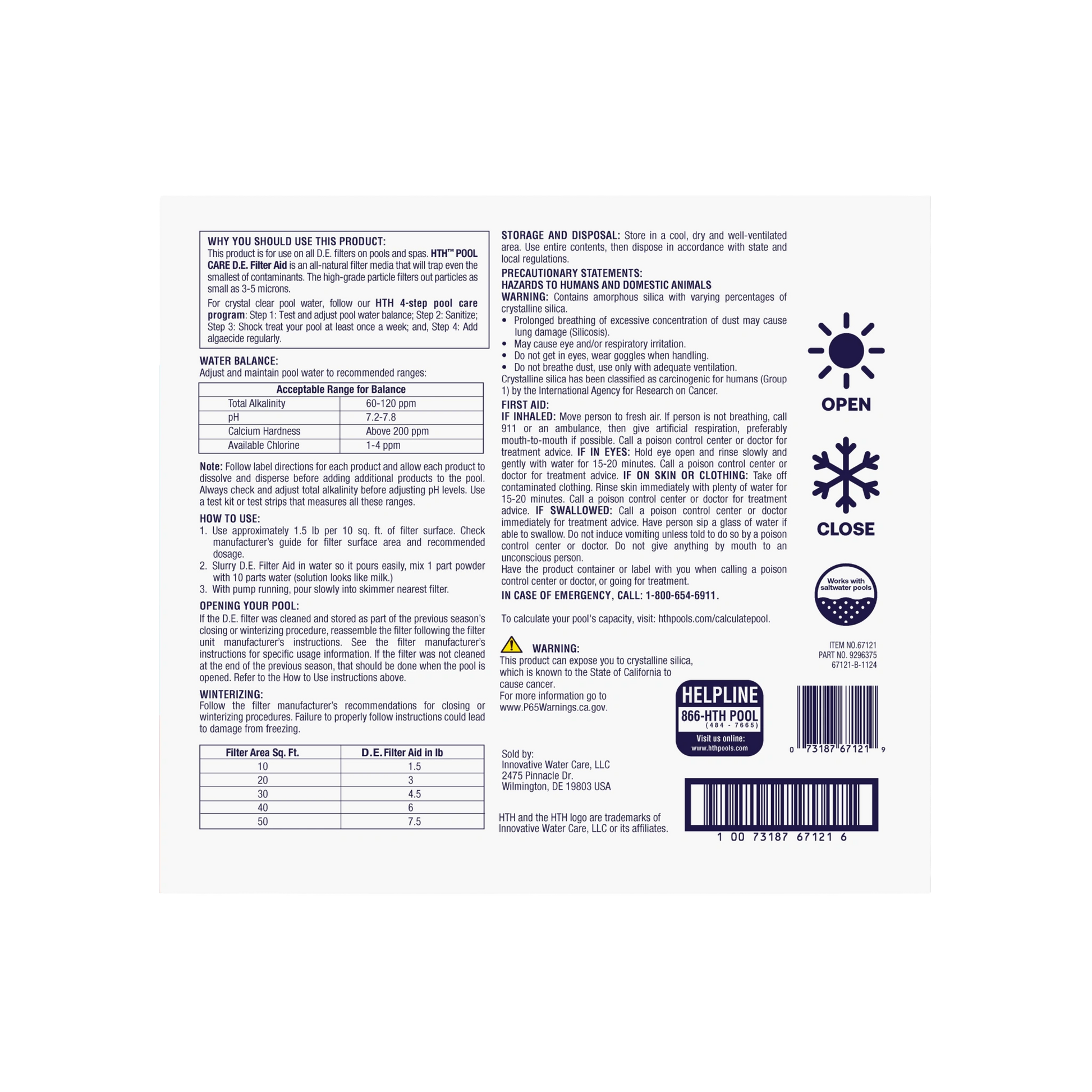 back of hth de pool filter aid box