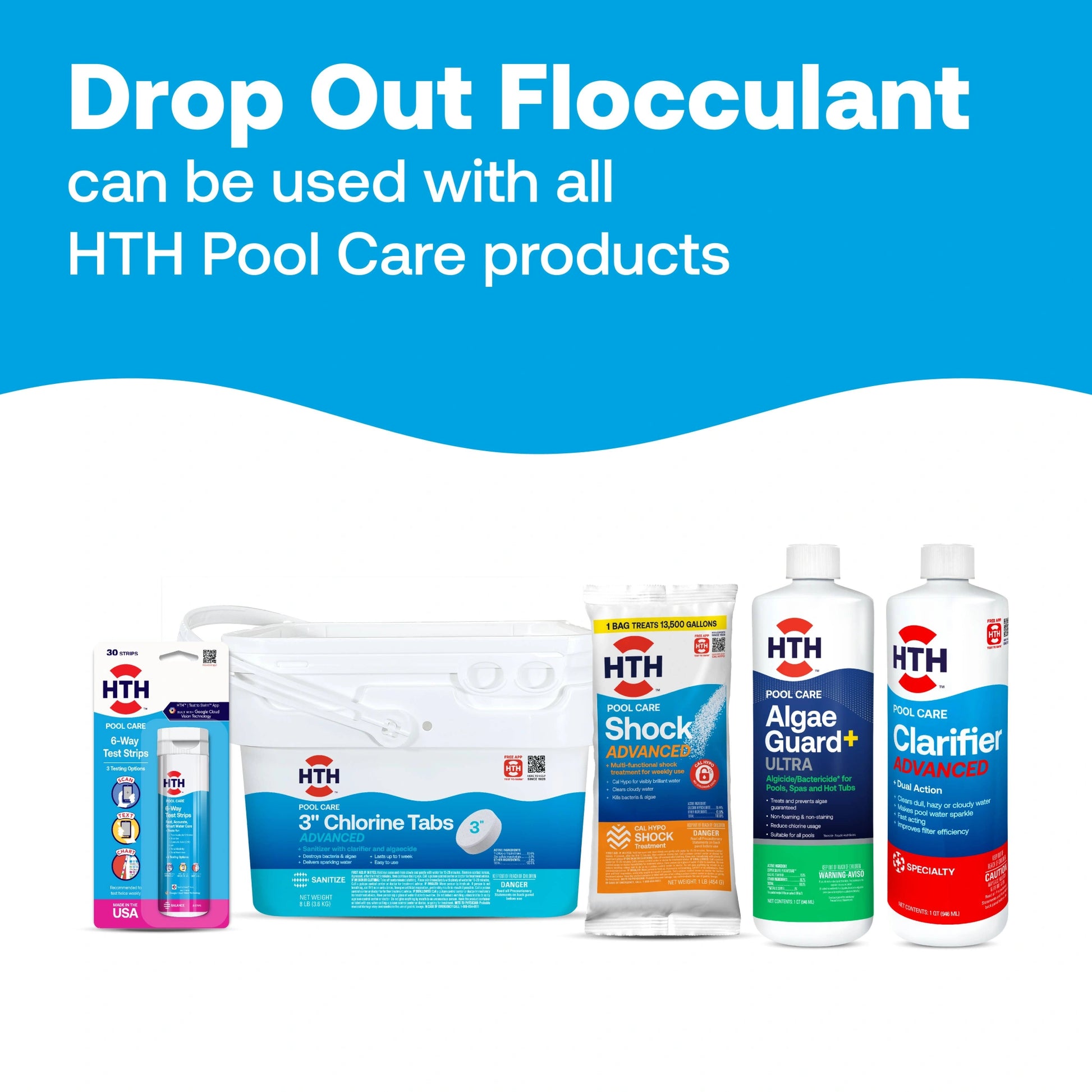 pool flocculant displayed with compatible hth pool products