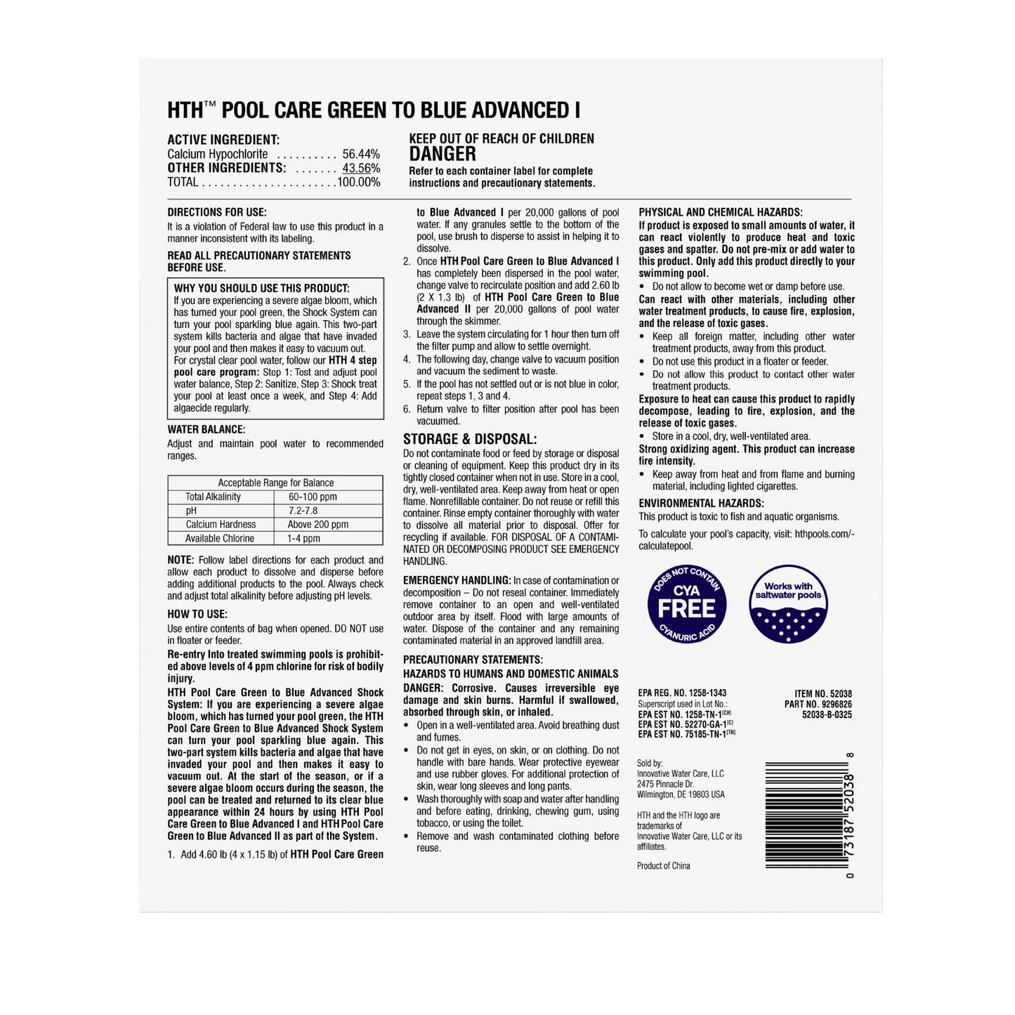 back label of hth green to blue treatment kit