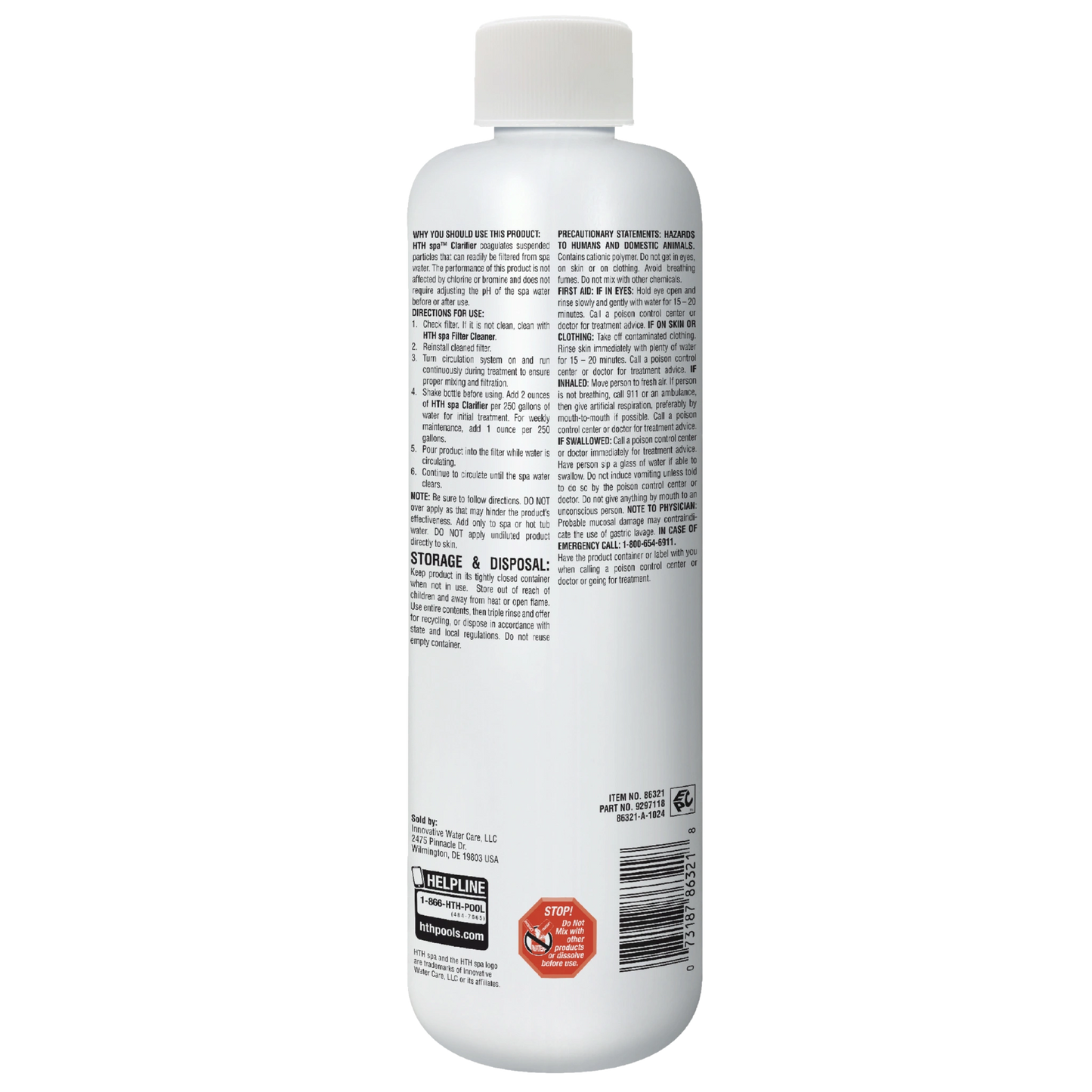 back label of HTH hot tub clarifier 14-ounce bottle