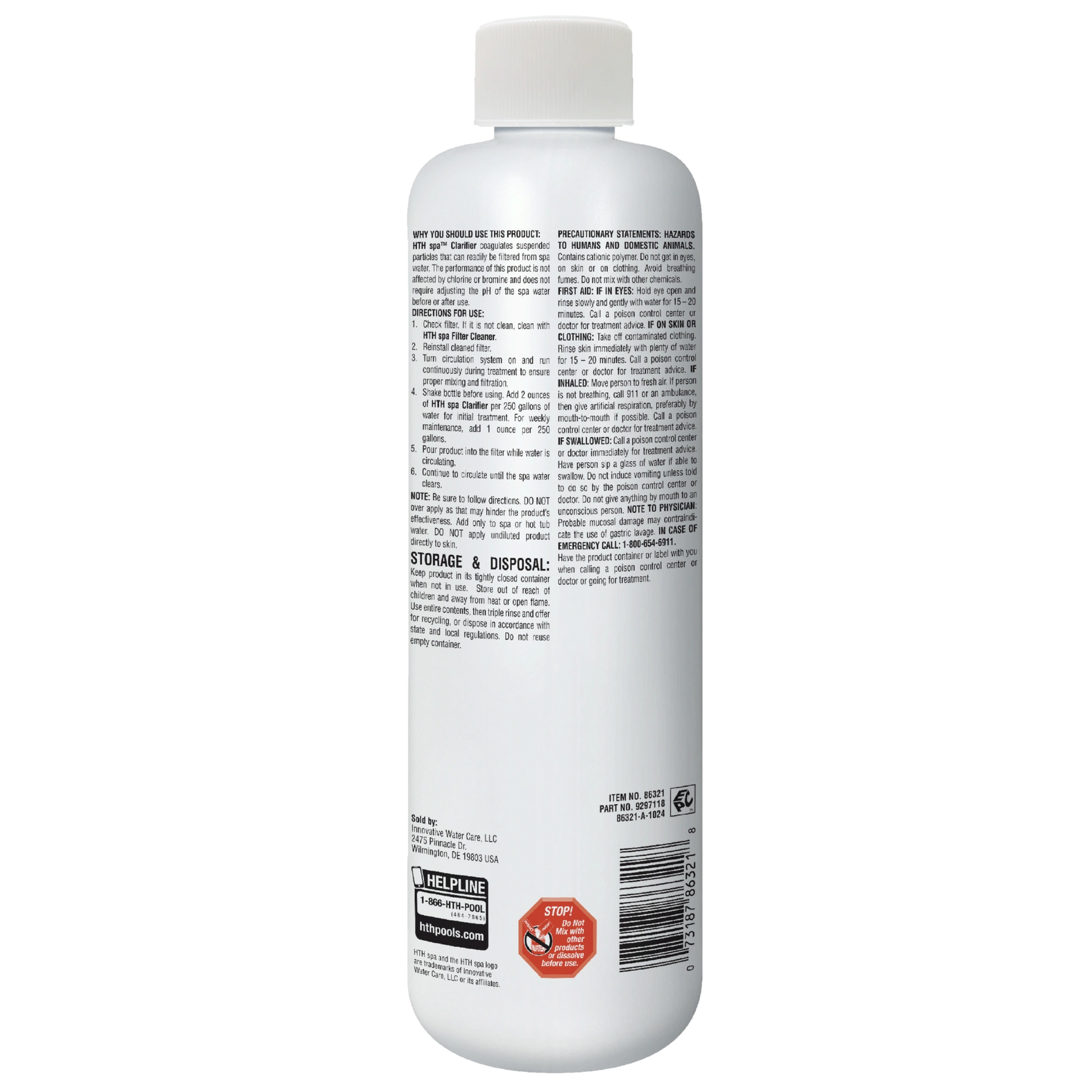 back label of HTH hot tub clarifier 14-ounce bottle