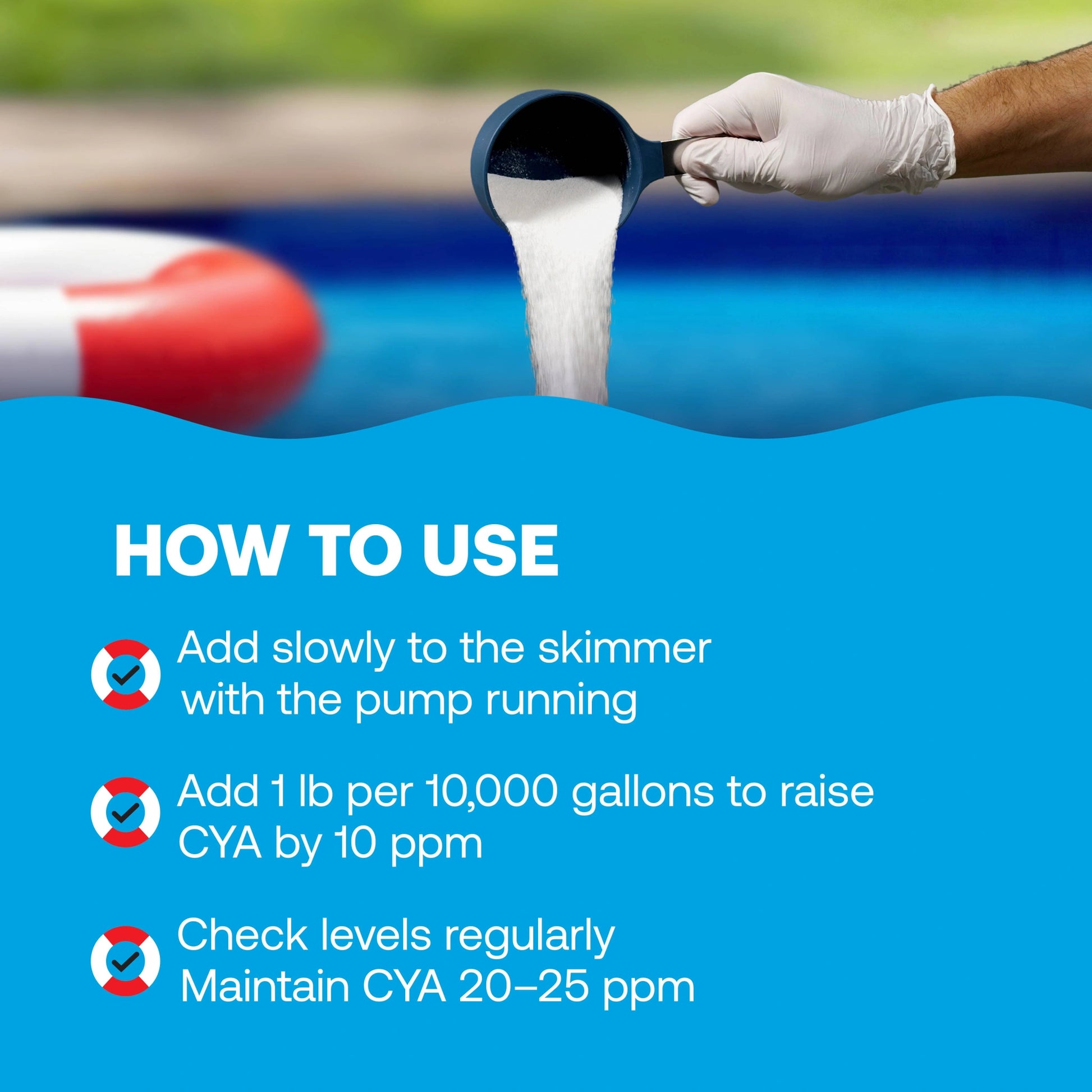 illustrated directions for adding stabilizer through pool skimmer