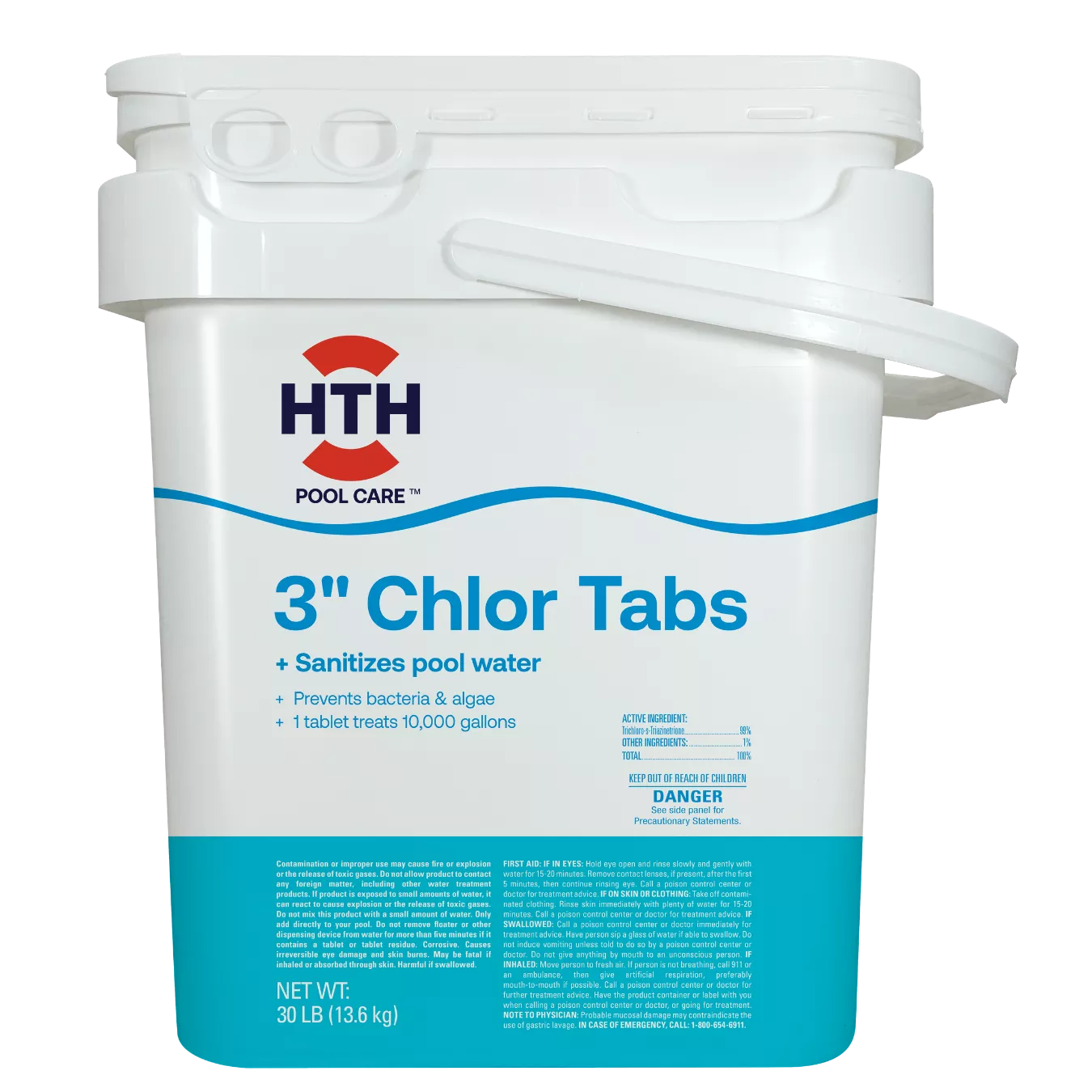 Front view of HTH Pool Care 3-inch Chlorine Tablets 30 lb bucket, showcasing pool sanitizing features and active ingredient details.