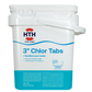 Front view of HTH Pool Care 3-inch Chlorine Tablets 30 lb bucket, showcasing pool sanitizing features and active ingredient details.