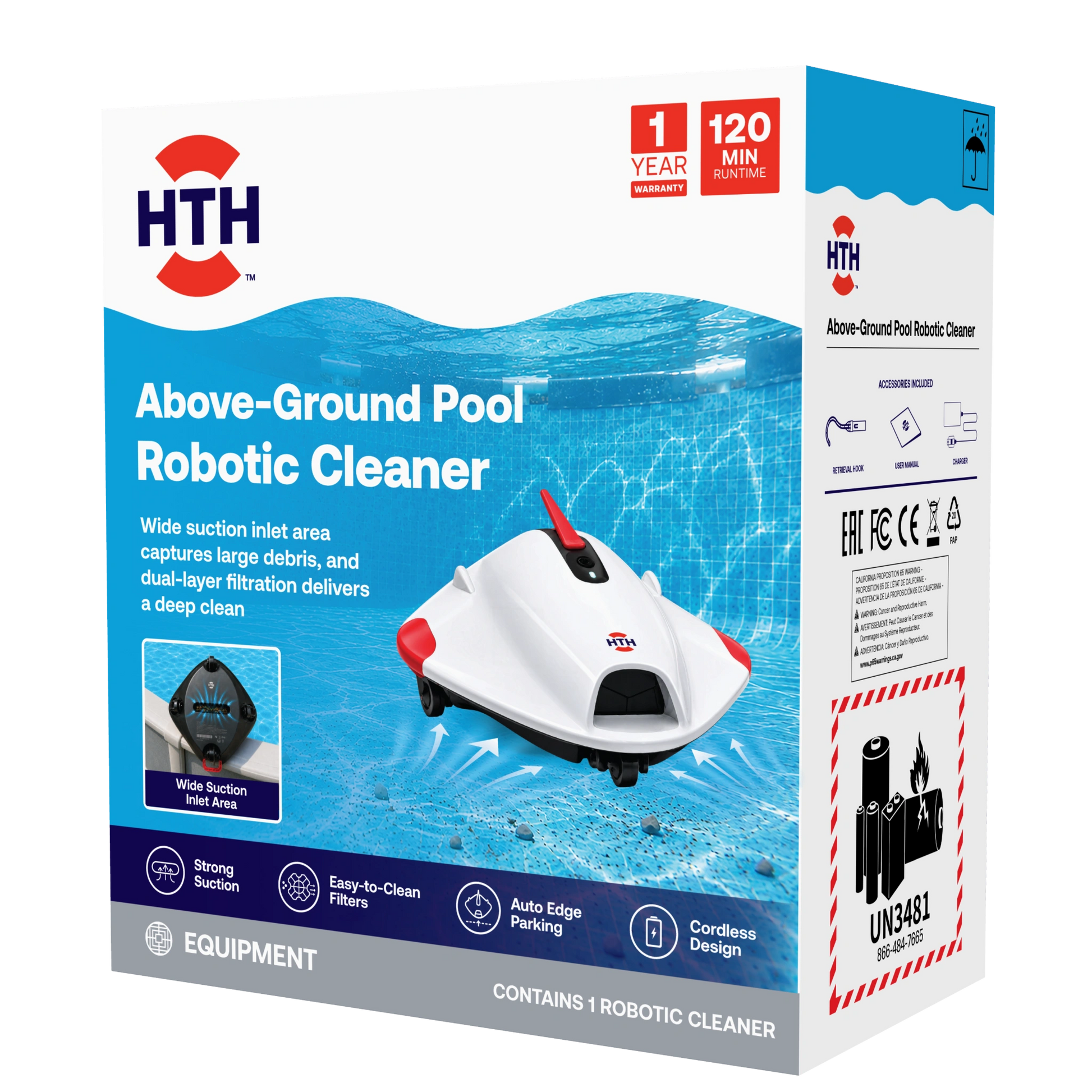 HTH Above-Ground Pool Robotic Cleaner retail packaging shown from an angled front corner view highlighting cordless design, 120-minute runtime, dual-layer filtration and auto edge parking features.