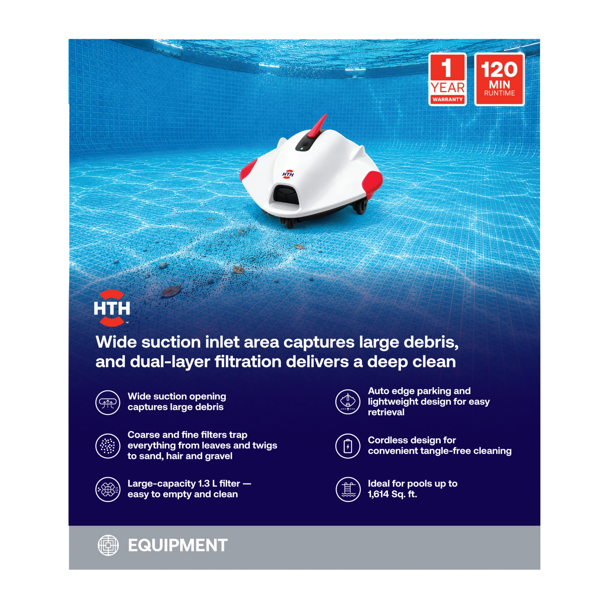 Back panel of HTH Above-Ground Pool Robotic Cleaner packaging displaying key product features including wide suction opening, dual-layer filtration, cordless operation, auto edge parking and pool coverage up to 1,614 square feet.