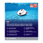 Back panel of HTH Above-Ground Pool Robotic Cleaner packaging displaying key product features including wide suction opening, dual-layer filtration, cordless operation, auto edge parking and pool coverage up to 1,614 square feet.