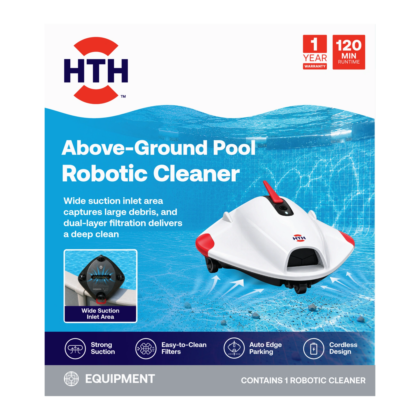 HTH Above-Ground Pool Robotic Cleaner retail packaging showing cordless robotic pool cleaner with wide suction inlet and dual-layer filtration.